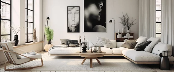 Foto op Aluminium A minimalist Scandinavian living room with a black and white color palette, showcasing statement furniture pieces and a gallery wall of contemporary art. © Danish