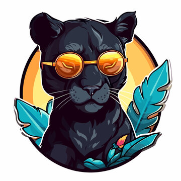 Black panther with sunglasses and tropical leaves. Vector illustration.