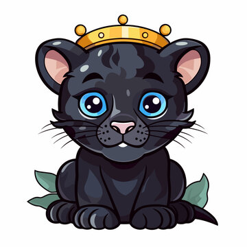 Cute cartoon Black panther with crown and leaves. Vector illustration of a wild animal.