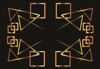 Beautiful frame of geometric shapes. Triangle, square. Gold illustration on a black background with space for an inscription. Printing on fabric. Postcard with space for an inscription. 