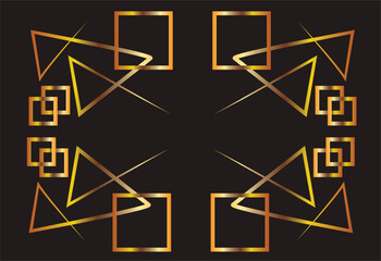 Beautiful frame of geometric shapes. Triangle, square. Gold illustration on a black background with space for an inscription. Printing on fabric. Postcard with space for an inscription. .Vector.