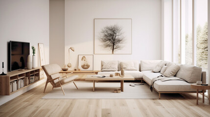 A minimalist Scandinavian living room with white walls, light wood floors, and a curated selection of design pieces, creating a serene and uncluttered environment.