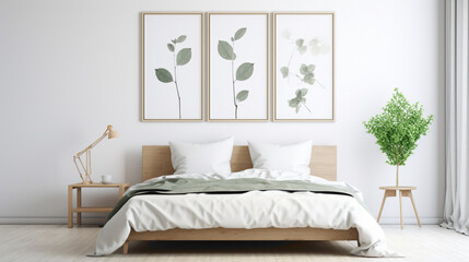 A minimalistic bedroom setup with a blank white empty frame, showcasing a delicate, minimalist botanical illustration that brings nature indoors.