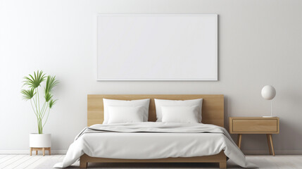 Fototapeta na wymiar A minimalistic bedroom setup with a blank white empty frame, showcasing a captivating, abstract line drawing that adds a touch of elegance.