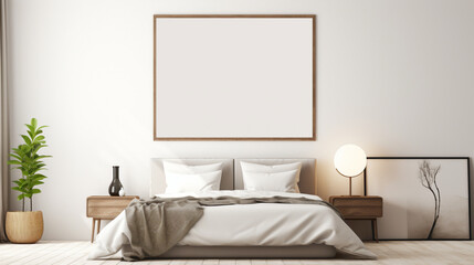 Fototapeta na wymiar A minimalistic bedroom setup with a blank white empty frame, showcasing a captivating, abstract line drawing that adds a touch of elegance.