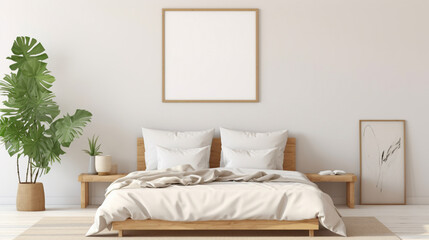 A minimalistic bedroom setup with a blank white empty frame, showcasing a delicate, minimalist botanical illustration that brings nature indoors.