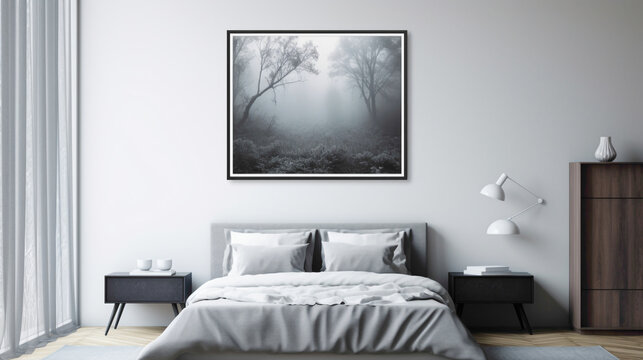 A minimalistic bedroom with a blank white empty frame, showcasing a serene, black and white photograph of a misty forest.