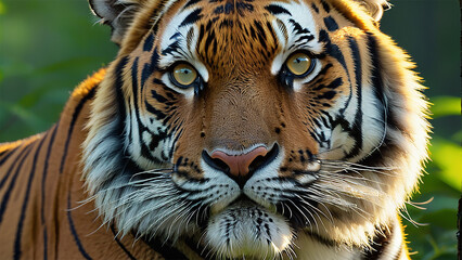 Fototapeta premium Spotlight intense eyes and distinctive stripes in a close-up Majestic Tiger Portrait. Use natural light to enhance the majestic presence in its natural habitat. AI Generated.