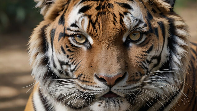 Detail a captivating Majestic Tiger Portrait, emphasizing intense eyes and distinctive stripes. Utilize natural light to heighten the tiger's majestic presence in its habitat. AI Generated.