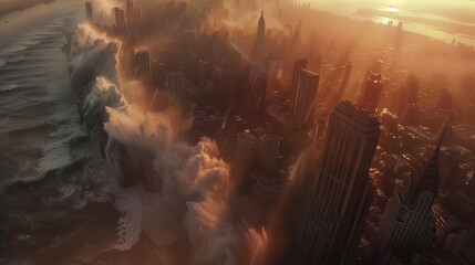 Catastrophic tsunami hits a big city. AI generated
