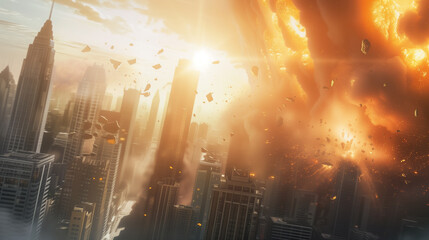 Obraz premium Cataclysmic hit of a big city by a meteor. AI generated