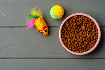 Top view of bowl with dry pet food on gray wooden background