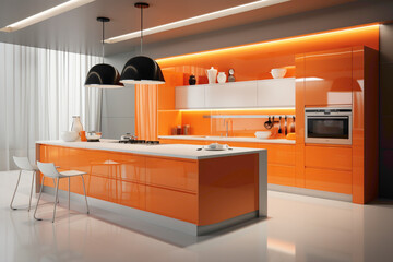 A minimalistic kitchen design with clean lines and a burst of energetic orange in its decor, creating a vibrant focal point.