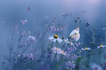 A butterfly sits on a daisy in a field of purple flowers.
