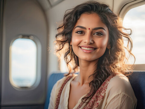 Happy smiling woman sitting on an airplane near the window. Traveling to different countries. Business flights