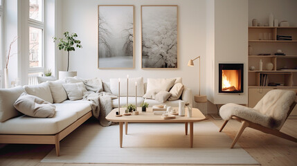 Fototapeta na wymiar A minimalistic living room design with a Scandinavian touch, featuring a stylish combination of light-colored furniture and soft textiles