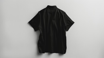 The back view of a blank black polo t-shirt, perfectly ironed and presented on a clean white backdrop