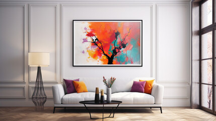 A minimalistic living room setup with a blank white empty frame, accentuated by a colorful abstract painting on the adjacent wall.