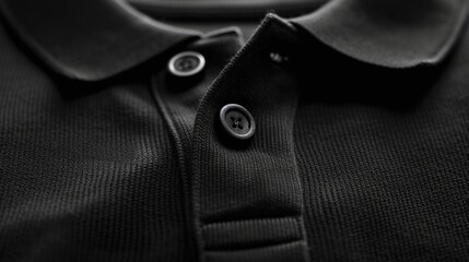 The collar and button detail of a black polo t-shirt, zoomed in to show the texture, isolated on white