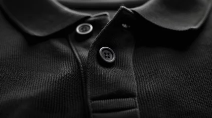 Foto op Canvas The collar and button detail of a black polo t-shirt, zoomed in to show the texture, isolated on white © SHAPTOS