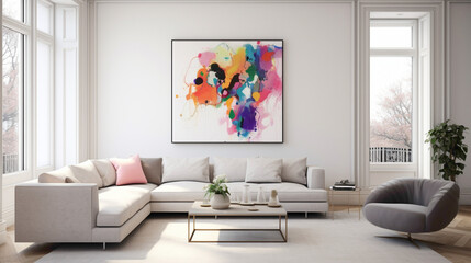 A minimalistic living room with white walls, a sleek gray sofa, and a colorful abstract art piece.