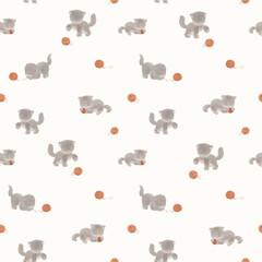 Beautiful seamless pattern with cute hand drawn kitty playing with ball skein of thread. - 735742052