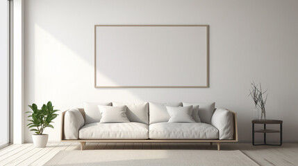 Fototapeta na wymiar A minimalistic living room with a blank white empty frame, capturing the beauty of a delicate, minimalist line drawing that adds a touch of sophistication.