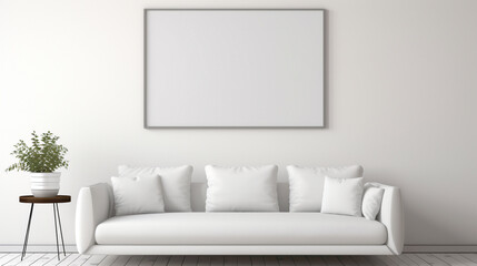 A minimalistic living room with a blank white empty frame, adorned with a simple, monochromatic art print that complements the overall aesthetic.
