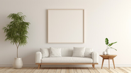 A minimalistic living room with a blank white empty frame, capturing the beauty of a delicate, minimalist line drawing that adds a touch of sophistication.