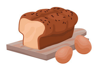 Delicious rye loaf for toasts. Fresh baked bread crust with eggs on wooden cutting board. Homemade wheat bakery. Flour goods from bakehouse. Flat isolated vector illustration on white background