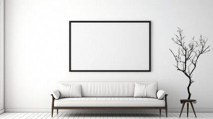 A minimalistic living room with a blank white empty frame, adorned with a simple, monochromatic ink painting that adds a touch of tranquility.