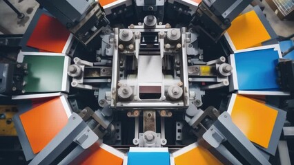 An overhead view of a rotary press with a large stack of books being printed in several colors and multiple widths.