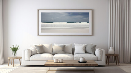 Fototapeta na wymiar A minimalistic living room with a blank white empty frame, adorned with a simple, yet captivating, black and white photograph of a serene seascape.
