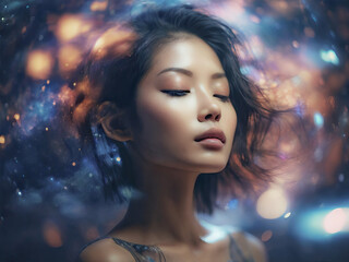 Young Asian woman with closed eyes is in meditation, samadhi