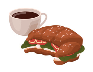 Fresh baked croissant with filling: tomato, cheese. Coffee cup with bakery. Bakehouse eating, dough food. Breakfast menu in coffeeshop, cafe. Flat isolated vector illustration on white background
