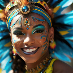 Trinidadian Carnival Model with Traditional Headpiece and Makeup on White Background