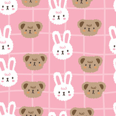 Obraz premium cute hand drawn kawaii baby brown bear with white bunny on a pink background, kids seamless pattern colorful motif