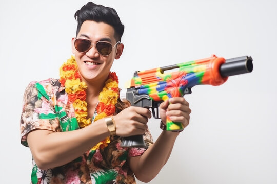 Festive Songkran Day with Man in Hawaiian Shirt and Water Gun 
