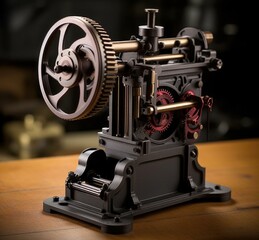 Fototapeta premium A small black and red steam engine on a wooden table. Generative AI.
