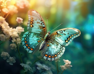 Beautiful butterfly on flowers with sunlight. Generative AI.