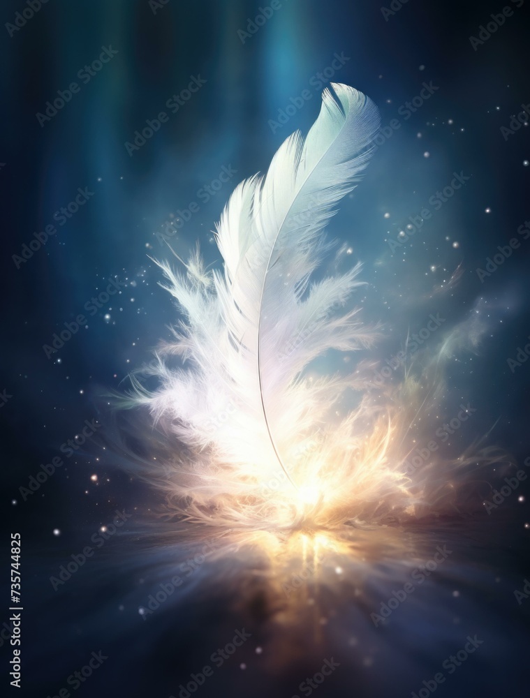Poster a feather floating in the air with a spark. generative ai.
