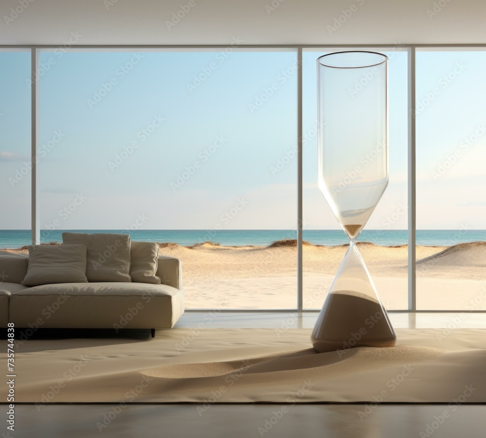 Poster an empty room with a sand hourglass in front of a window. generative ai.
