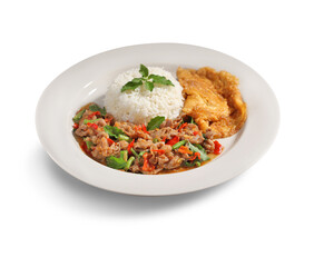 Stir fried basil and meat on rice with fried egg in white dish on white background