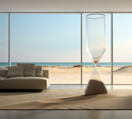 An empty room with a sand hourglass in front of a window. Generative AI.