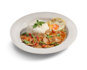 Stir fried basil and meatball on rice with fried egg in white dish on white background