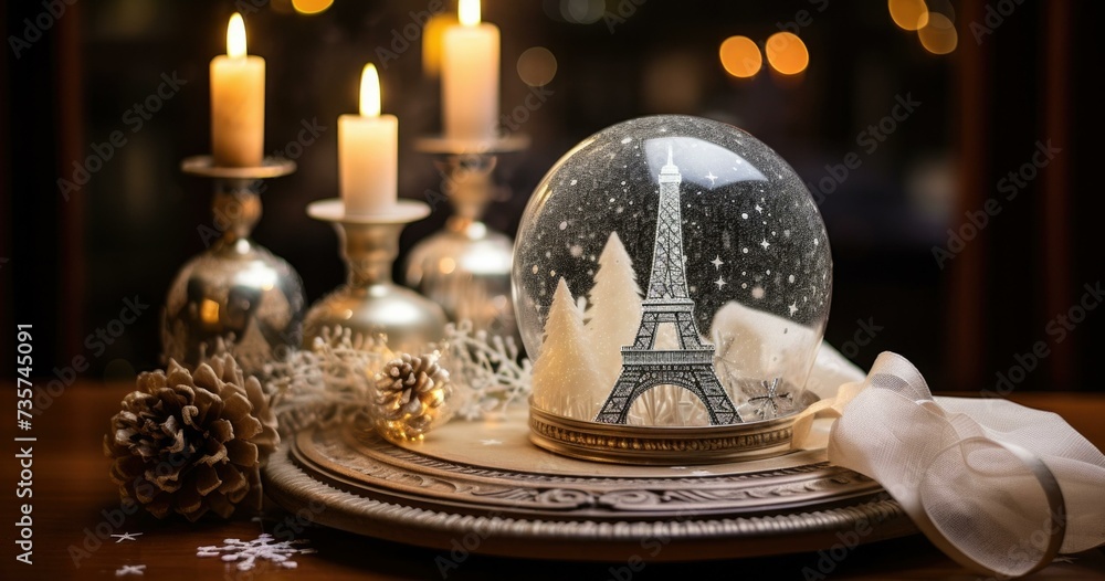 Poster a snow globe with the little eiffel tower in the sphere. generative ai.