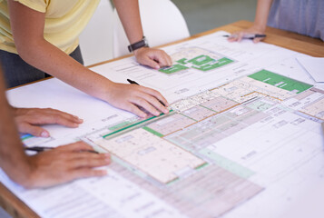 Architect, hands and team in office with blueprint, planning and project management meeting....