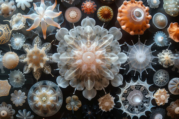 A collection of symmetrical microscopic organisms displayed in a grid like format within a VR gallery emphasizing their diverse patterns and structures