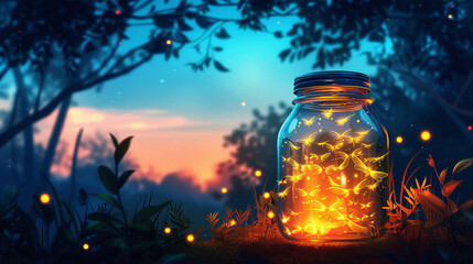 A glass jar filled with twisting glowing fireflies digital illustration with smooth gradients light emanating from the fireflies themselves yellowgreen glows against a deep blue twilight