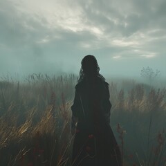 Girl is Near a Field that is Covered in Fog in the Style of Dark Cyan and Crimson - Mystery Nostalgia Wiccan Woman with Flowing Fabrics Costume Background created with Generative AI Technology - obrazy, fototapety, plakaty